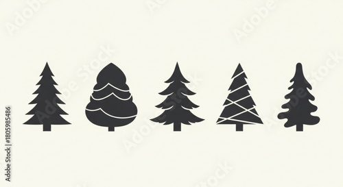 A set of five different christmas tree silhouettes isolated on, perfect for holiday designs and festive decorations, adding a touch of winter charm