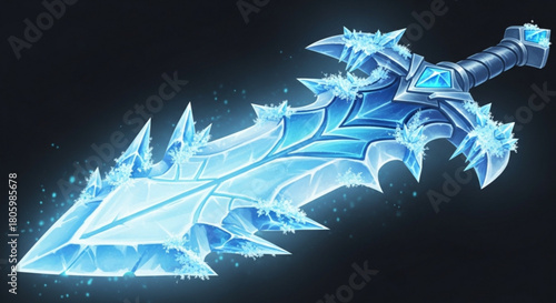 A digital illustration of a stylized ice sword with a blue glow, featuring intricate details and sharp edges, set against a dark background, fantasy weapon