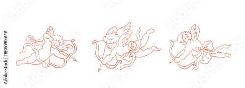 Flying Cupid holding bow and aiming or shooting arrow hand drawn with contour lines on white background. God of love, Amor vector illustration. Whimsical romantic Valentine's Day print 