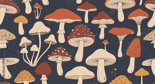 A cozy, seamless pattern of various cartoon-style mushrooms in warm earthy tones on a dark blue background, perfect for autumn designs.