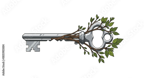 Vintage Key with Growing Green Leaves and Branches, Generative AI.