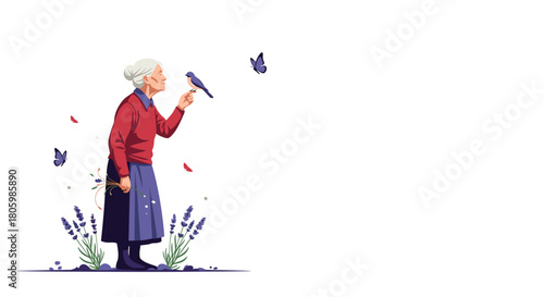 A serene older woman with white hair stands among lavender plants, gently interacting with a blue bird and observing a flying butterfly.
