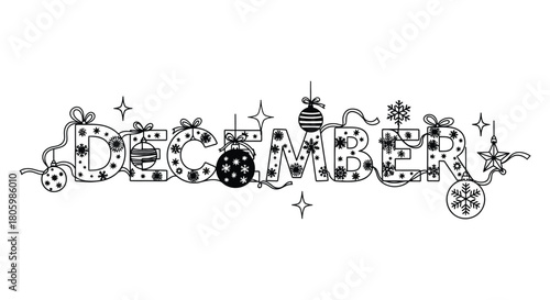 Hand drawn decorative word october with festive ornaments and stars black and white illustration