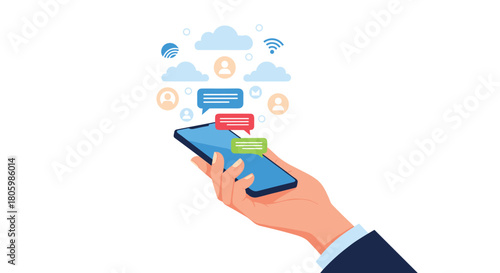 A hand holding a smartphone with chat bubbles, user icons, and cloud symbols representing online communication and social networking.
