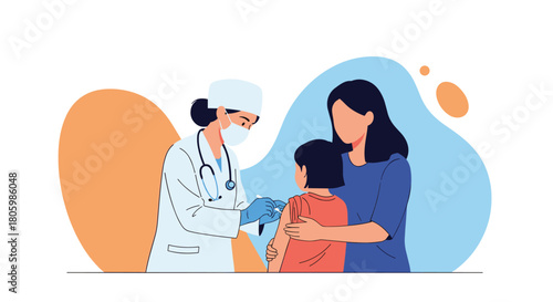A doctor administering a vaccine to a young child while the mother holds and comforts them, illustrating pediatric immunization.