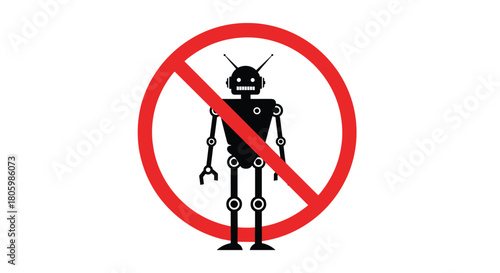 A striking 'no robots' sign featuring a black robot figure within a red prohibition circle, symbolizing limitations on AI and automation.