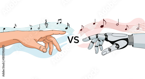 Conceptual image contrasting human artistry and artificial intelligence in music creation, represented by hands with flowing musical notes.