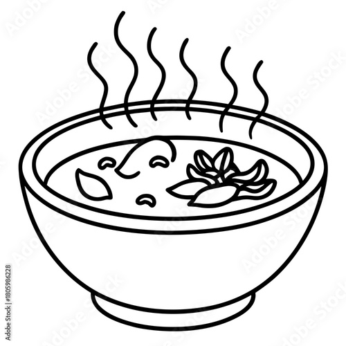 Bowl of hot soup with herbs and steam