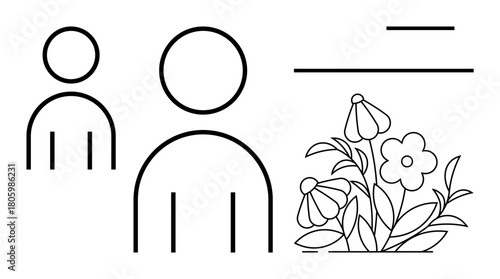 Outlined human figures alongside floral elements and linear details, blending humanity and nature. Ideal for teamwork, growth, connection, simplicity, environment, communication creativity. A simple