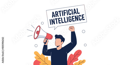 An illustration of a man advocating for artificial intelligence, using a megaphone to project his voice and a raised fist to represent a powerful movement.