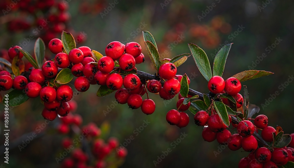 Obraz premium Close-up of bright red berries on a branch with green leaves