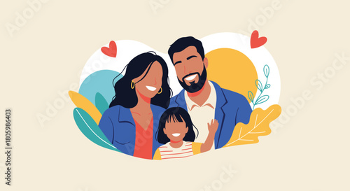 A joyful and loving diverse family featuring a mother, father, and young daughter smiling brightly, surrounded by nature-inspired elements and hearts.
