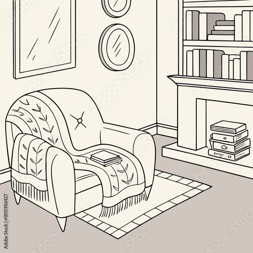 Cozy reading corner with armchair and bookshelf