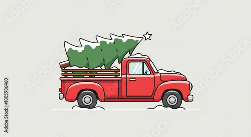 Red pickup truck carrying a christmas tree with snow on a, symbolizing the holiday season and the tradition of bringing home a tree