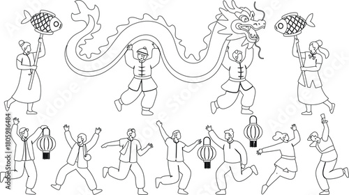 Outline Drawing of Chinese New Year Celebration Dragon Dance, Fish Lanterns, and Joyful People