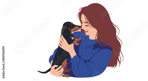 A loving woman with long brown hair smiles tenderly, embracing a small black and tan dachshund puppy, illustrating a heartwarming bond.