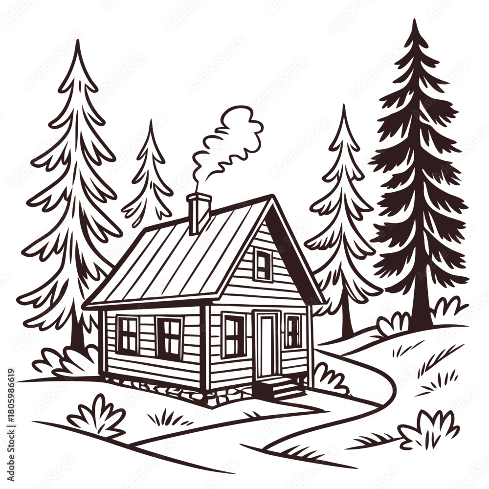 Fototapeta premium Illustration of a cabin in the woods
