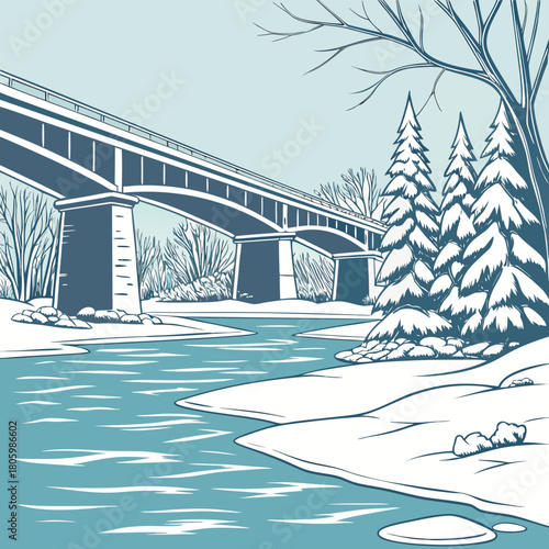 Illustration of a bridge over a river in winter