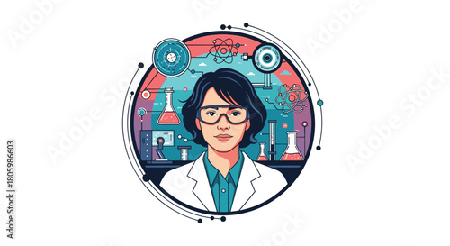 A confident female scientist with safety goggles and a lab coat, surrounded by laboratory equipment and tech elements, symbolizing scientific research and innovation.