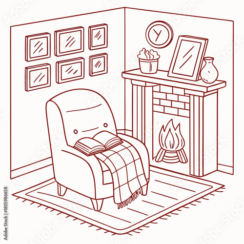 Illustration of a cozy living room with fireplace