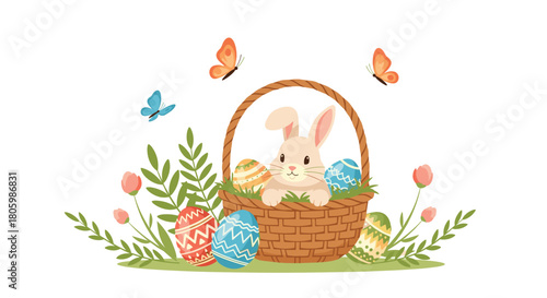 Cheerful Easter bunny in a wicker basket filled with colorful decorated eggs, surrounded by spring flowers, green leaves, and playful butterflies.