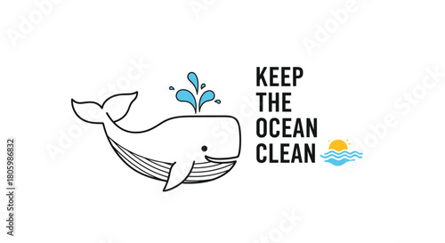 A cute cartoon whale spouting water next to the message 'Keep the Ocean Clean', promoting marine environmental protection and conservation.