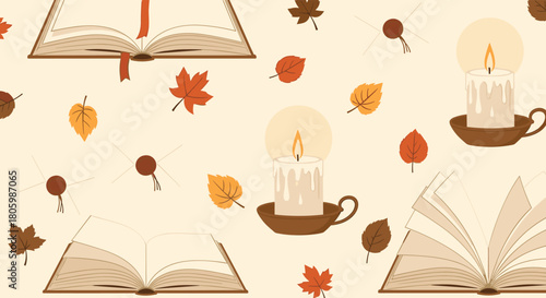 Seamless pattern featuring open books, warm lit candles, and colorful autumn leaves, evoking a cozy fall reading ambiance.