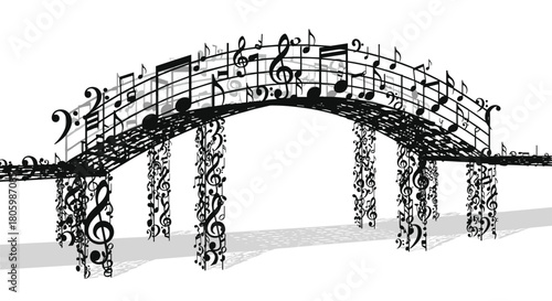 A creative bridge constructed entirely from musical notes and symbols, Generative AI.