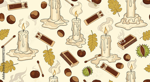 Hand-drawn autumn seamless pattern featuring melting candles, matchboxes, fallen oak leaves, acorns, and chestnuts on a light background.