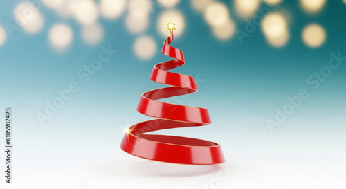 A festive christmas tree made of red ribbon, adorned with a shining star, stands against a backdrop of twinkling bokeh lights, evoking the holiday spirit and cheer