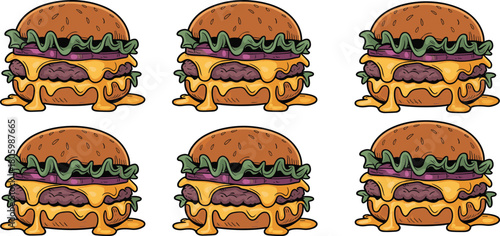 Delicious cartoon cheeseburger illustration with melted cheese, beef patty, lettuce, and bun, perfect for food design, menu art, branding projects