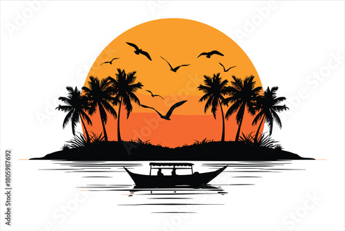 tropical island with palm trees and sun, palm, beach, tree, summer, sea, island, vector, tropical, sun, illustration, sunset, nature, hawaii, vacation, ocean, travel, silhouette, holiday, paradise, de
