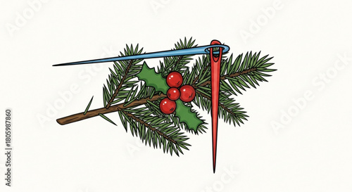 A whimsical illustration of a needle piercing through a sprig of holly, isolated on, creating a unique and festive christmas or holiday themed design