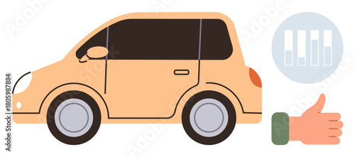 Compact orange car with a thumbs-up gesture and bar chart emphasizing approval, quality, and performance. Ideal for auto reviews, ratings, transportation, rental, eco-friendly designs, consumer