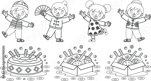 Outlined Chinese New Year Children with Candy and a Tiered Cake Illustration