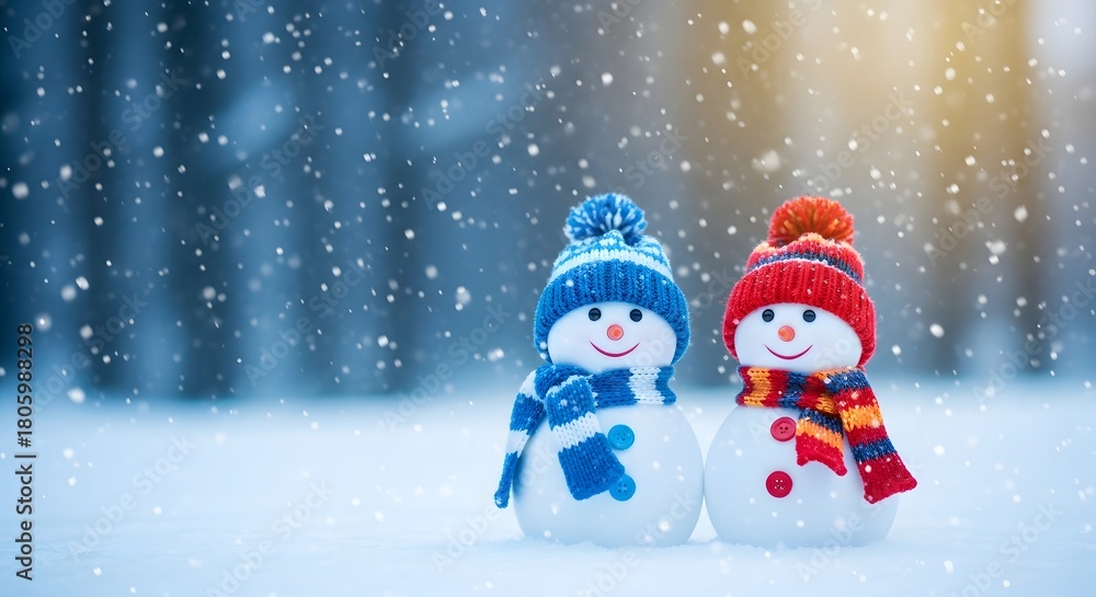 Fototapeta premium Two adorable snowmen wearing hats and scarves in a snowy forest