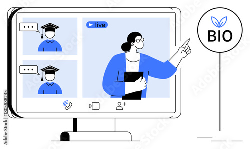 Teacher presenting in a live online session with two students on screen. Ideal for education, e-learning, sustainability, communication, virtual events, remote learning, simple flat metaphor