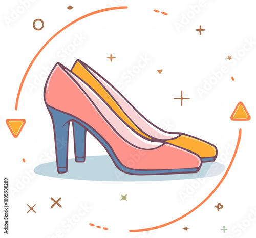 Elegant Pink and Yellow High Heel Shoes with Decorative Accents