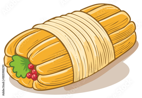 Traditional Latin American Tamale Wrapped in Corn Husk with Red Berries and Green Leaf Decoration