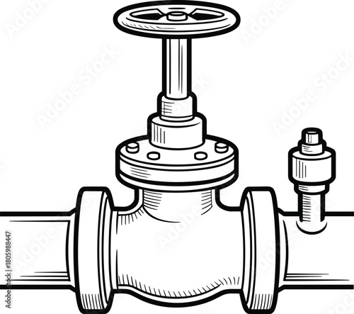 Industrial pipeline valve illustration with mechanical handwheel, pressure control component for plumbing, fluid regulation systems, engineering maintenance and utility infrastructure