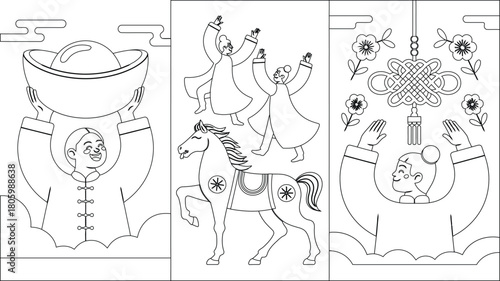 Outlined Lunar New Year Coloring Page Boy Holding Gold, Horse, Dancers, and Lucky Knot
