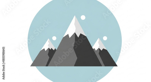 Three mountain peaks with snow on top isolated on the mountains are gray and white the background is light blue the mountains are in a circle shape