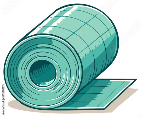 Rolled Turquoise Yoga Mat Fitness Exercise Accessory Cartoon Illustration Style