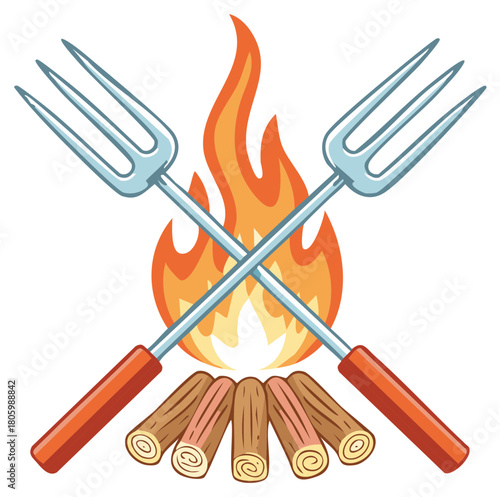 Crossed barbecue forks over a burning campfire with firewood cartoon illustration.