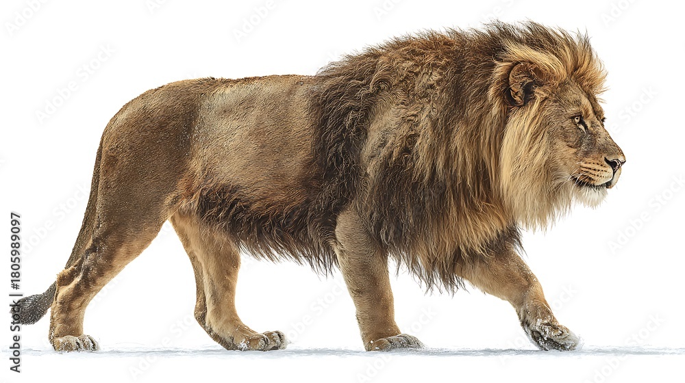 Obraz premium Majestic Lion Walking in Snowy Landscape on White Background Studio Shot