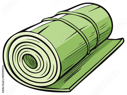 Green rolled sleeping mat. Cartoon illustration of camping, sports, and recreation equipment.