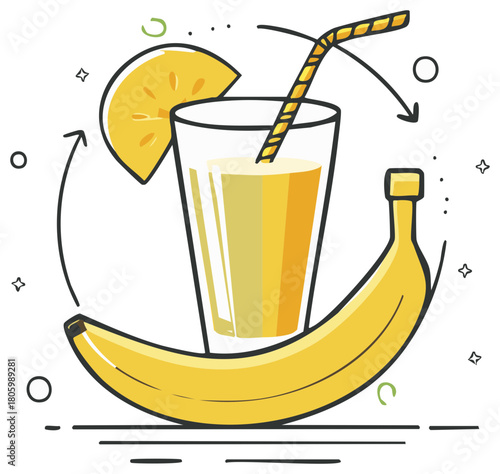 Fresh banana smoothie with lemon slice and straw, illustration