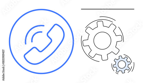 Phone receiver with signal waves paired with moving gears. Ideal for communication, teamwork, technology, networking, collaboration, customer service, progress. A simple flat metaphor