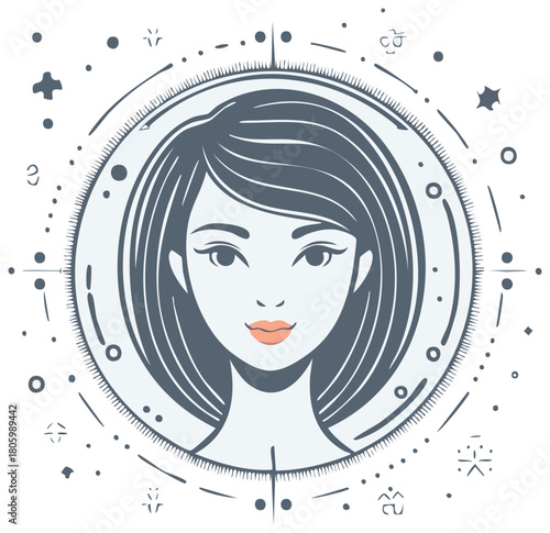 Stylized Woman Portrait Surrounded by Celestial Elements and Zodiac Symbols