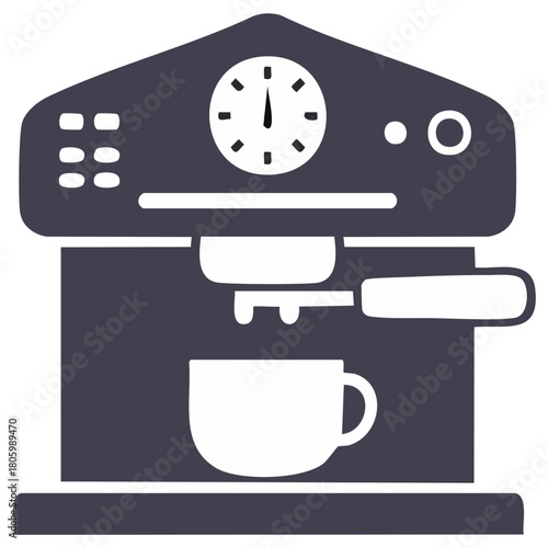 Minimalist glyph icon of a professional espresso machine brewing coffee with a pressure gauge.